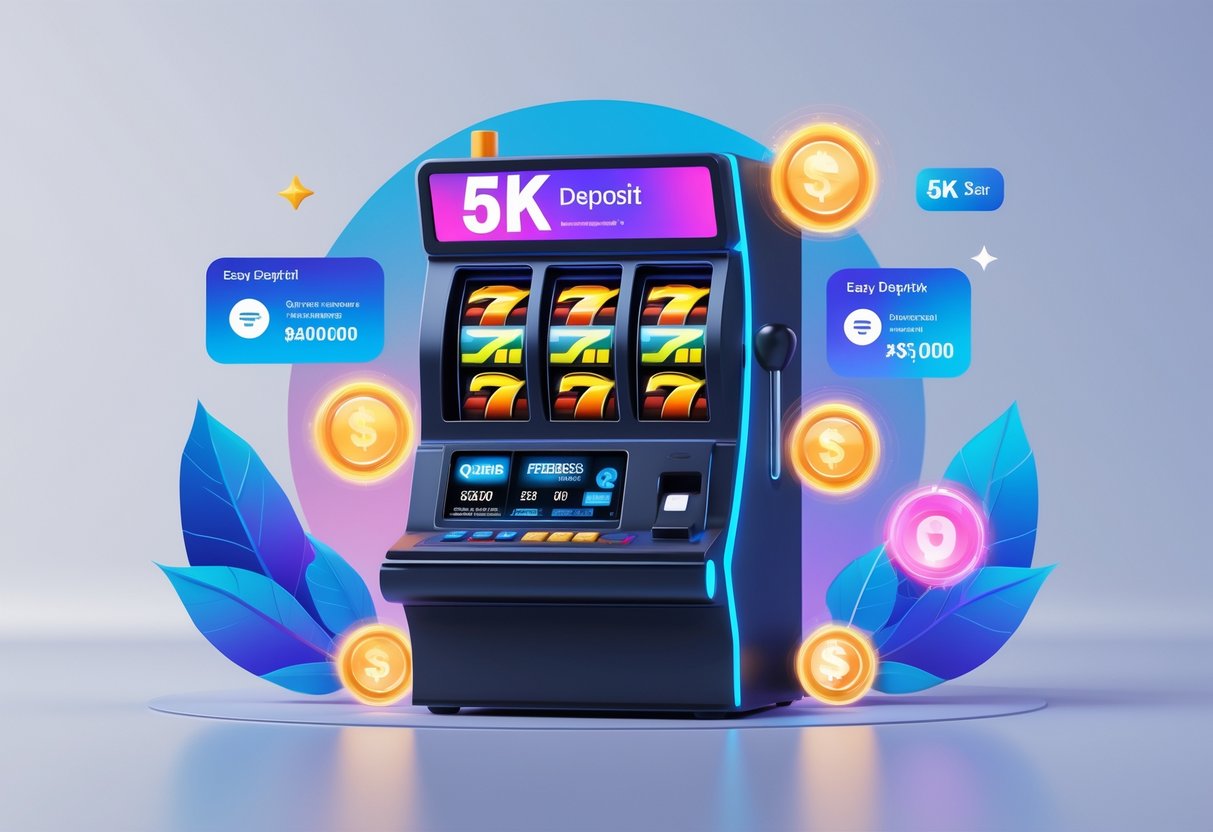 Ilustrasi mesin slot modern dengan simbol pembayaran digital dan latar belakang biru putih yang bersih.