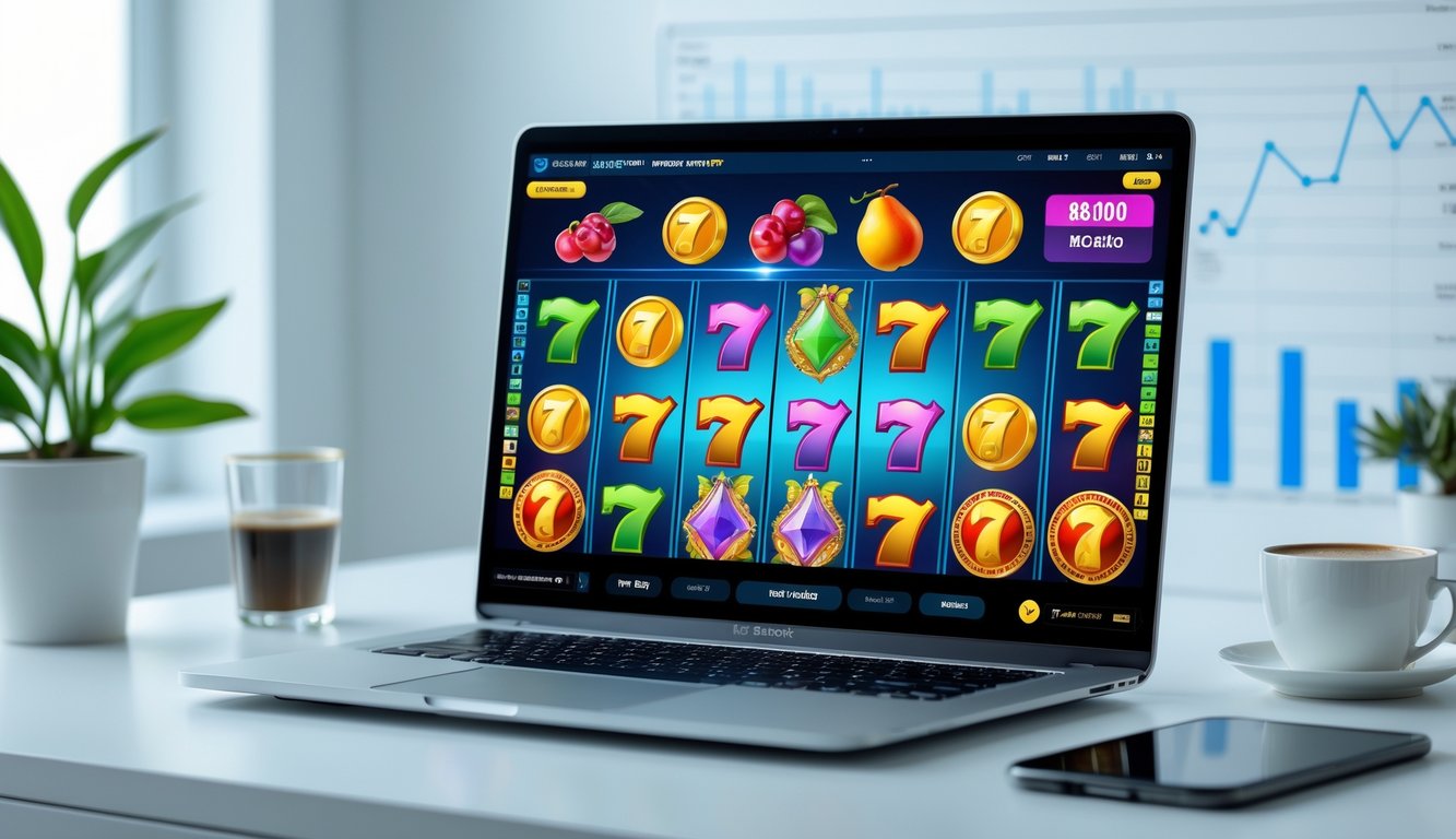 Seorang pengguna sedang melihat permainan slot online berwarna-warni di layar laptop di atas meja kerja yang rapi dengan tanaman dan secangkir kopi.