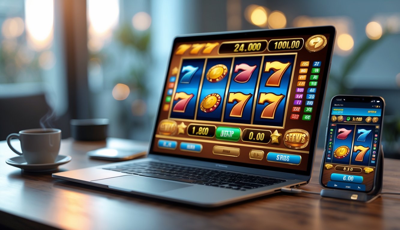 Seorang pengguna sedang bermain permainan slot online di laptop dan ponsel di atas meja kayu dengan latar belakang yang samar.