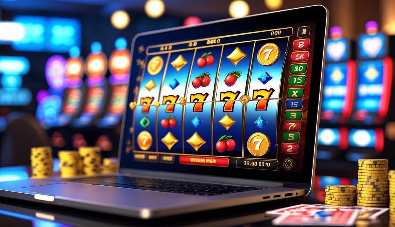 Layar komputer menampilkan permainan slot online dengan simbol warna-warni dan latar belakang elemen kasino seperti chip poker dan kartu remi.