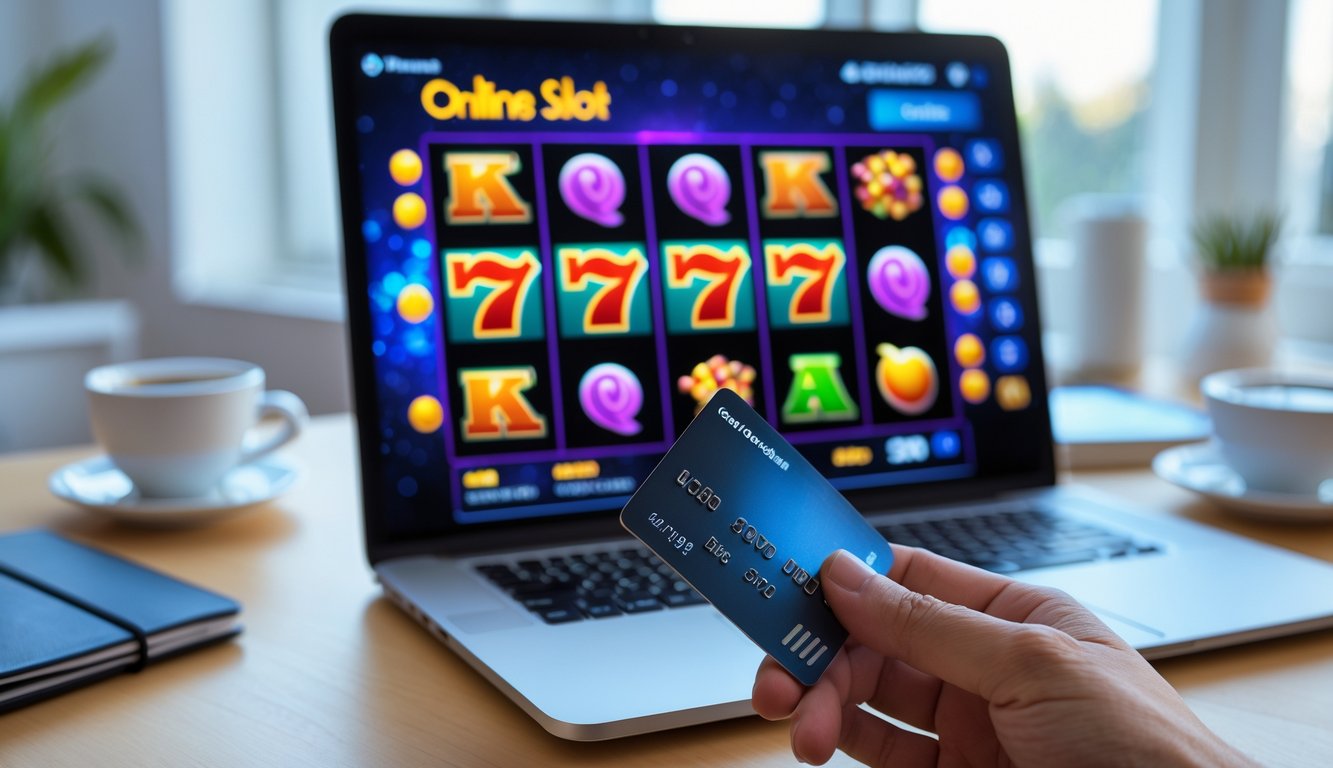 Seseorang menggunakan laptop dengan layar menampilkan permainan slot online, sambil memegang kartu kredit di ruangan yang terang dan rapi.
