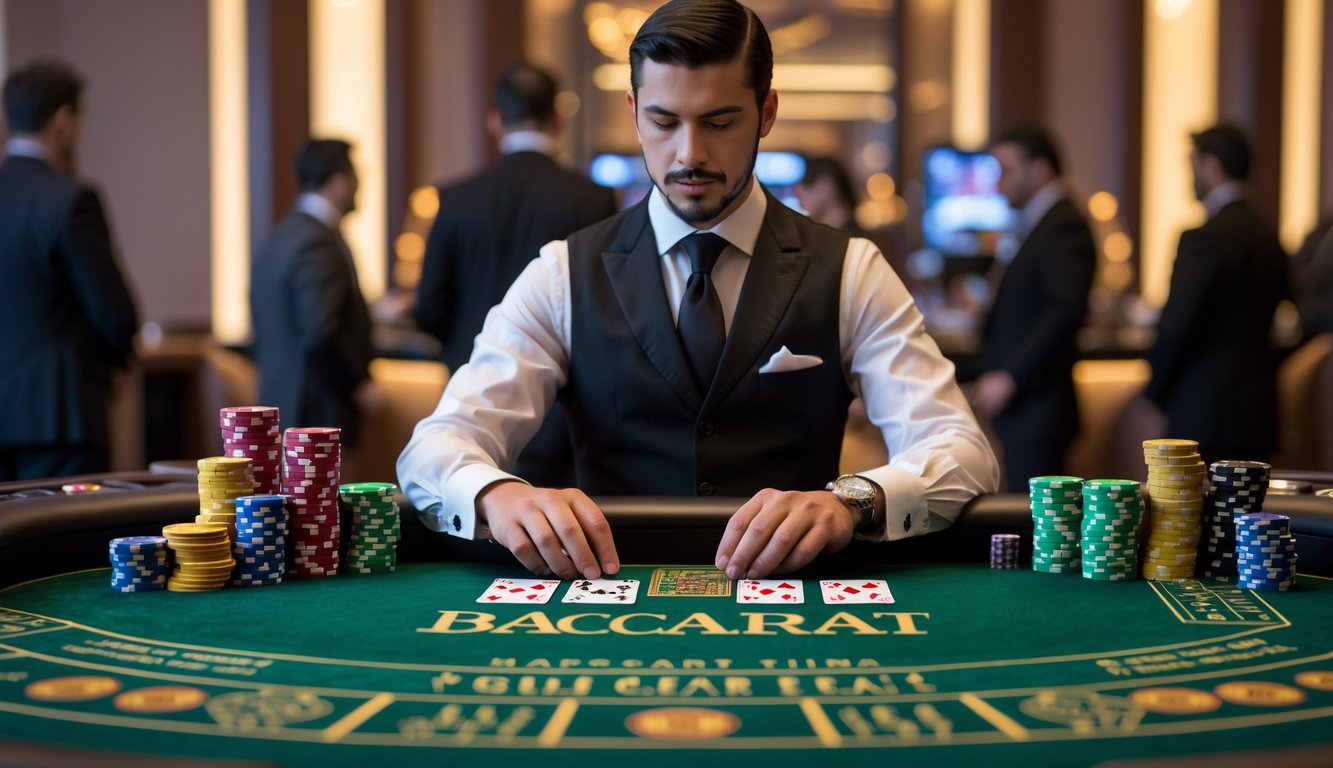 Seorang dealer berpakaian rapi sedang mengelola meja baccarat dengan kartu dan tumpukan chip di kasino yang mewah.