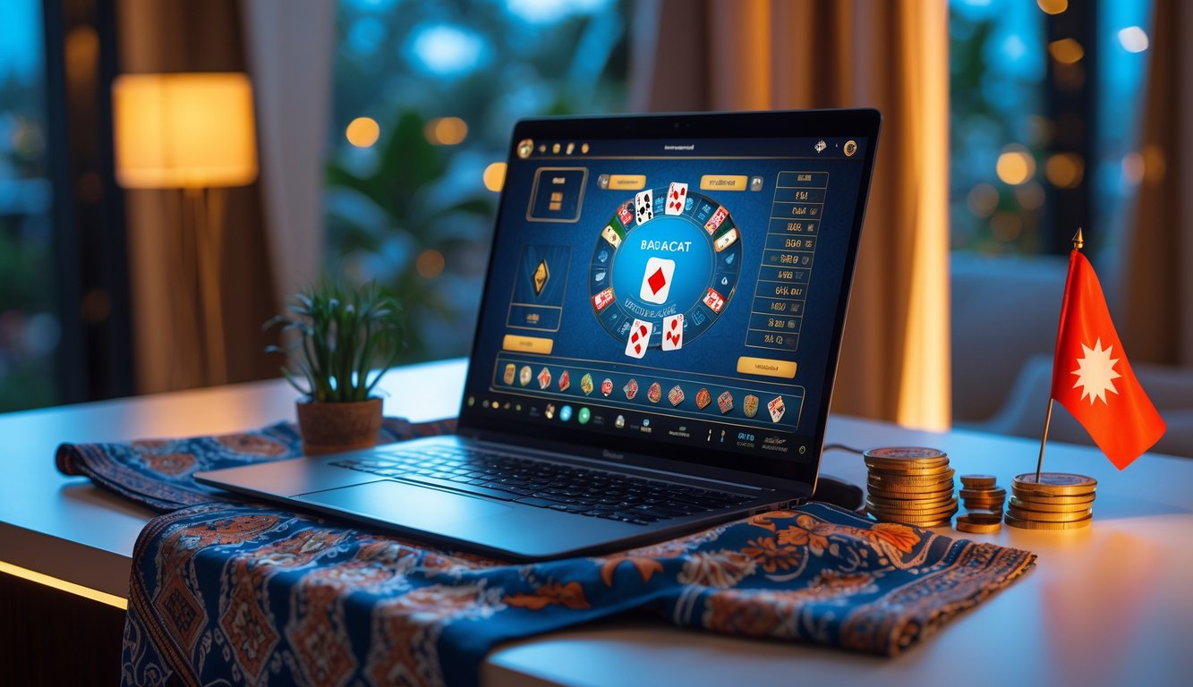 Sebuah laptop menampilkan permainan baccarat online dengan hiasan kain batik dan bendera kecil Indonesia di atas meja modern.