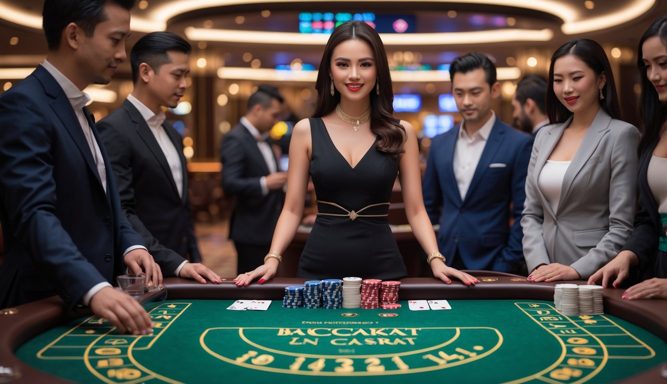 Seorang dealer wanita berdiri di meja baccarat dengan beberapa pemain yang fokus pada permainan di kasino yang mewah.