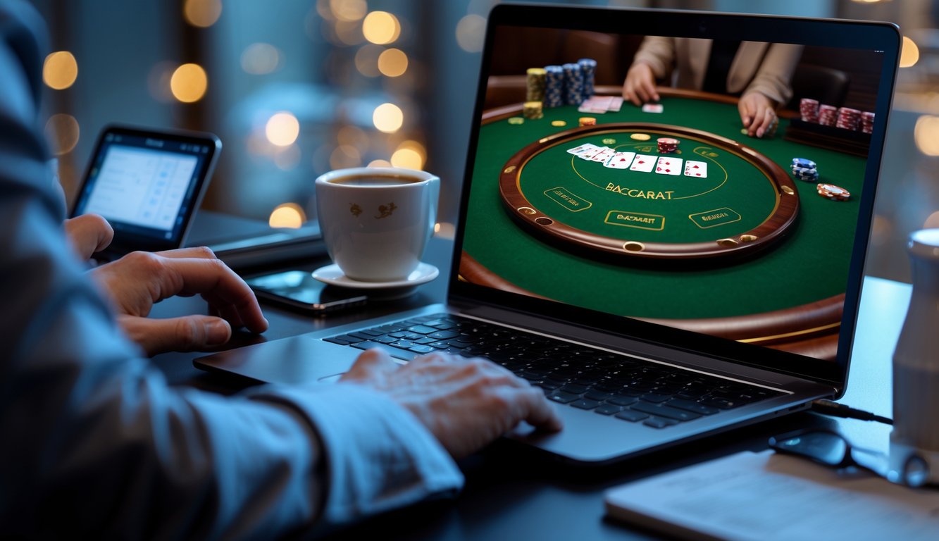 Seseorang sedang bermain baccarat online di komputer dengan meja permainan digital dan kartu terlihat di layar.