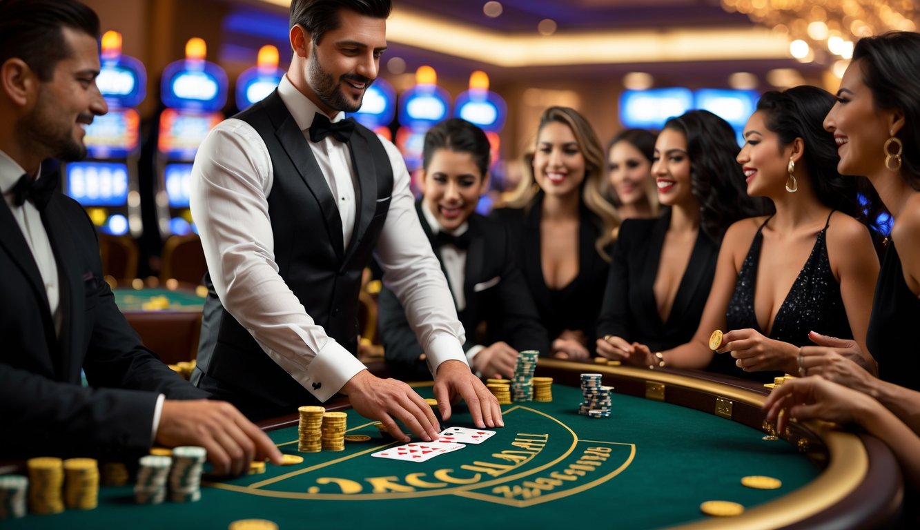 Seorang dealer dan pemain yang sedang bermain baccarat di meja kasino dengan suasana mewah dan pencahayaan hangat.