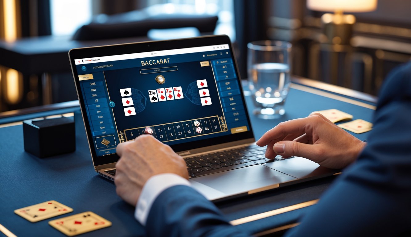 Tangan seseorang sedang bermain baccarat online di depan layar komputer dengan suasana yang tenang dan profesional.