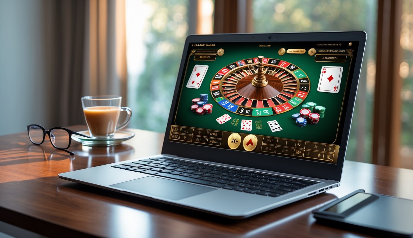 Seorang pengguna bermain baccarat online di laptop di atas meja kayu dengan suasana ruangan yang rapi dan nyaman.