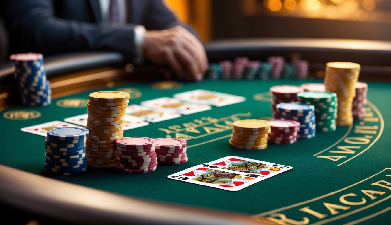 Meja permainan baccarat dengan kartu dan tumpukan chip kasino di suasana kasino yang mewah.