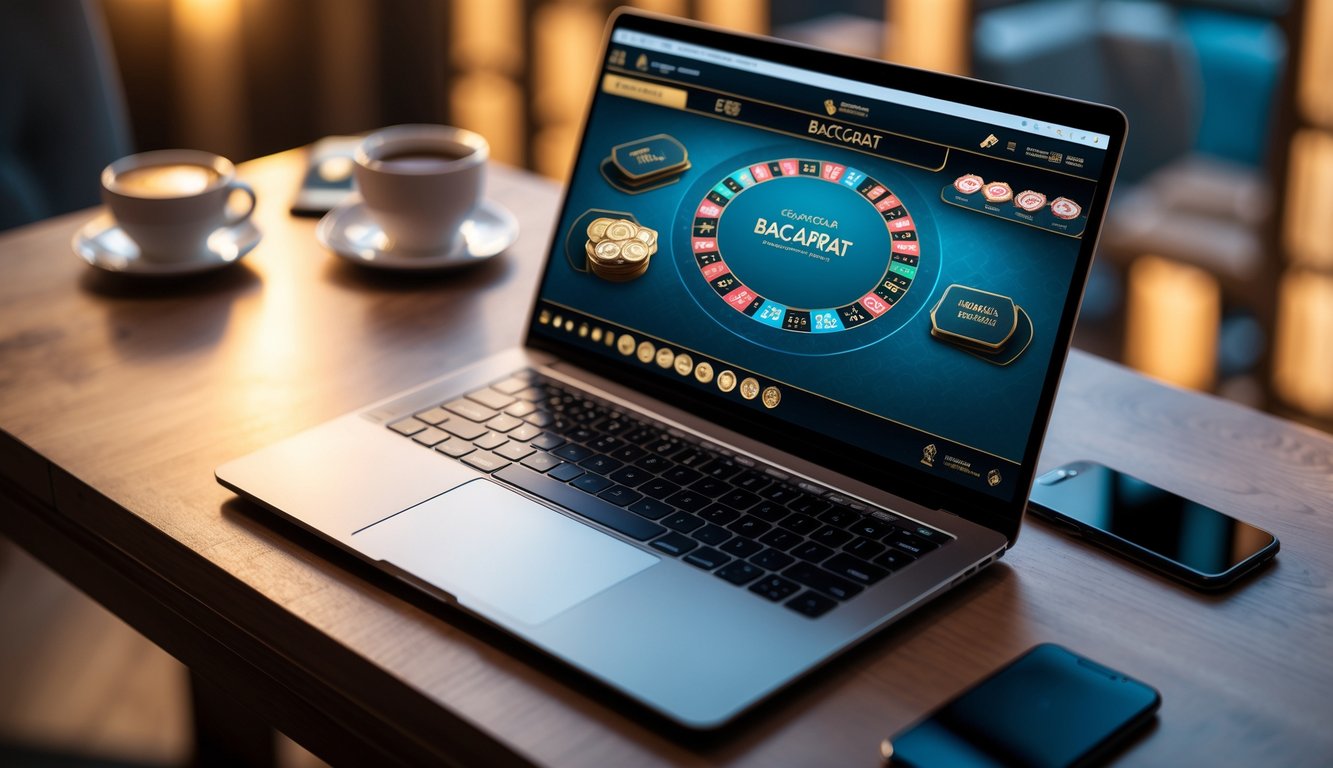 Seorang pemain sedang menggunakan laptop dengan tampilan permainan baccarat online di meja kayu yang rapi.