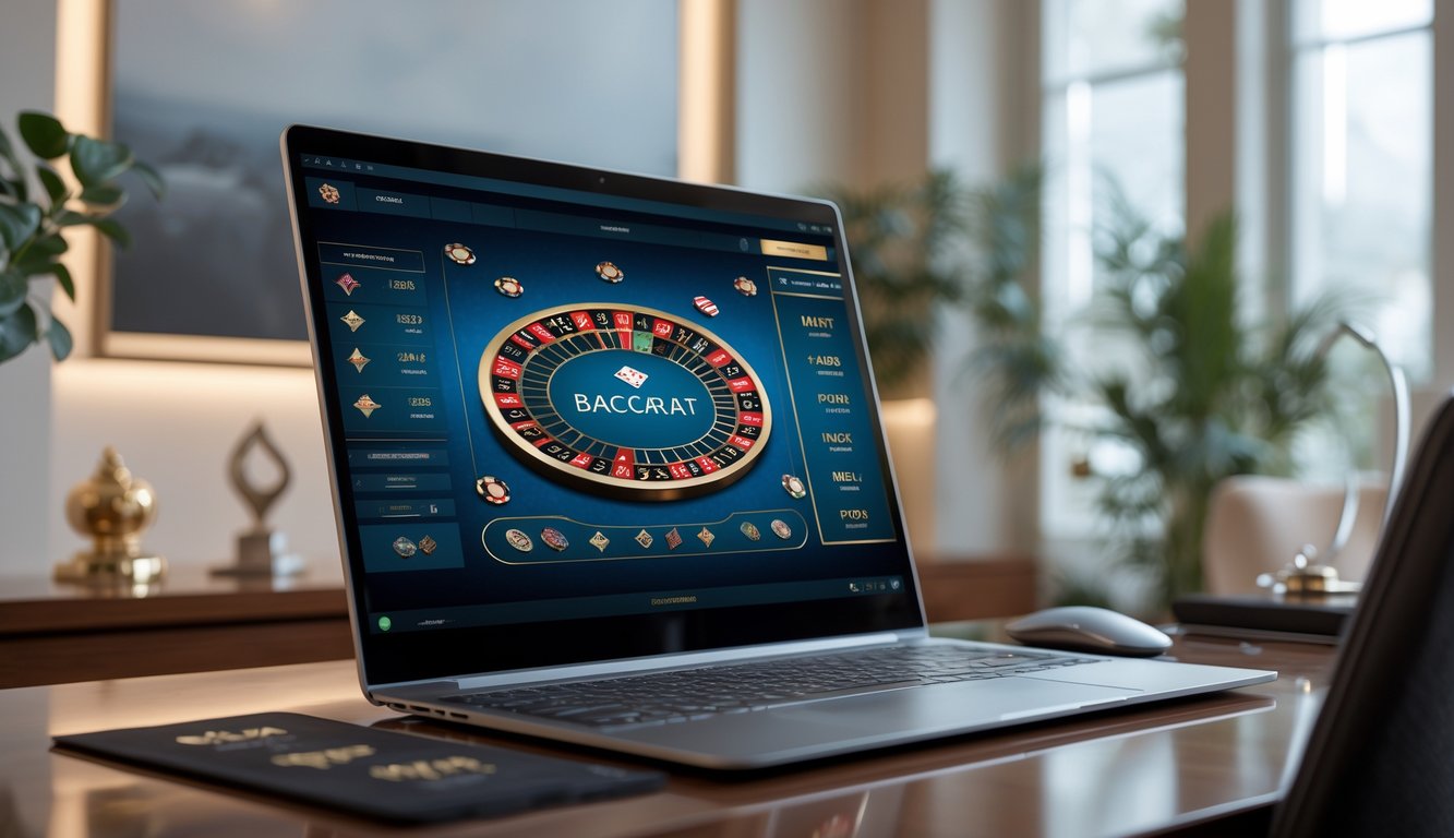 Sebuah meja kerja dengan komputer yang menampilkan permainan baccarat online dengan kartu dan chip di layar.