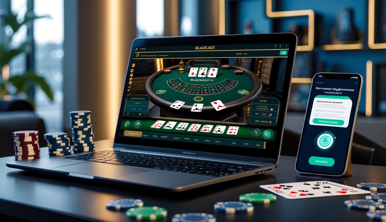 Seorang pria menggunakan laptop dengan permainan blackjack online di layar di sebuah ruangan modern.