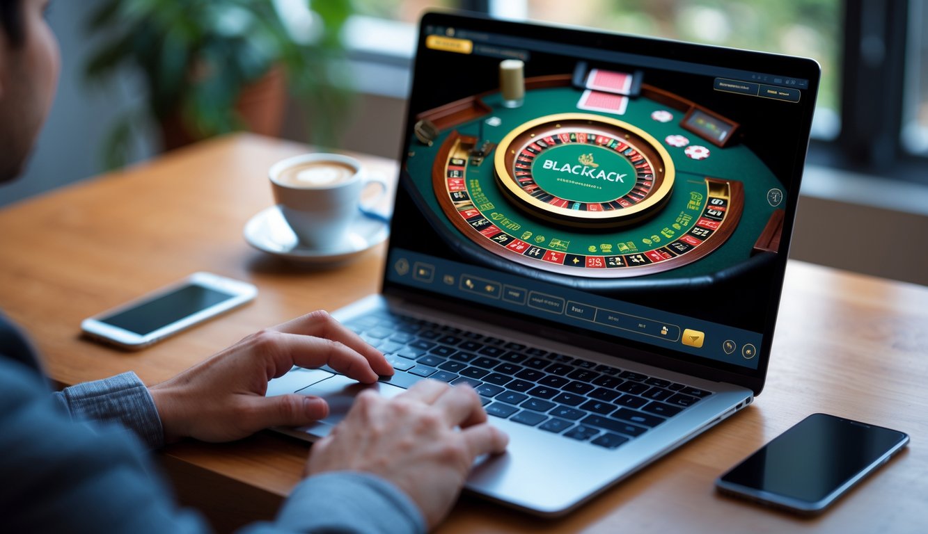 Seorang pemain sedang bermain blackjack online di laptop yang diletakkan di atas meja kayu dengan suasana ruangan yang nyaman.