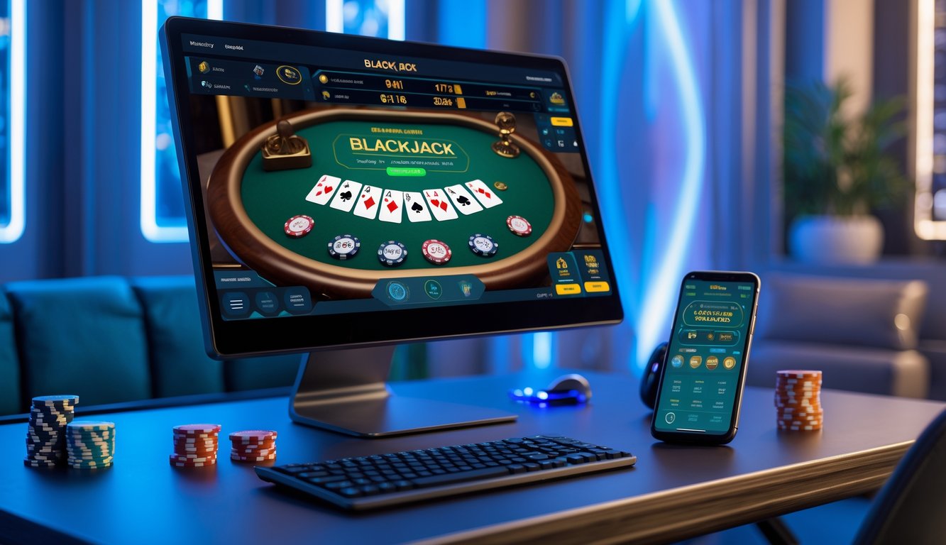 Sebuah meja blackjack digital modern dengan kartu dan chip di layar komputer dan ponsel di sebuah ruangan dengan pencahayaan biru lembut.