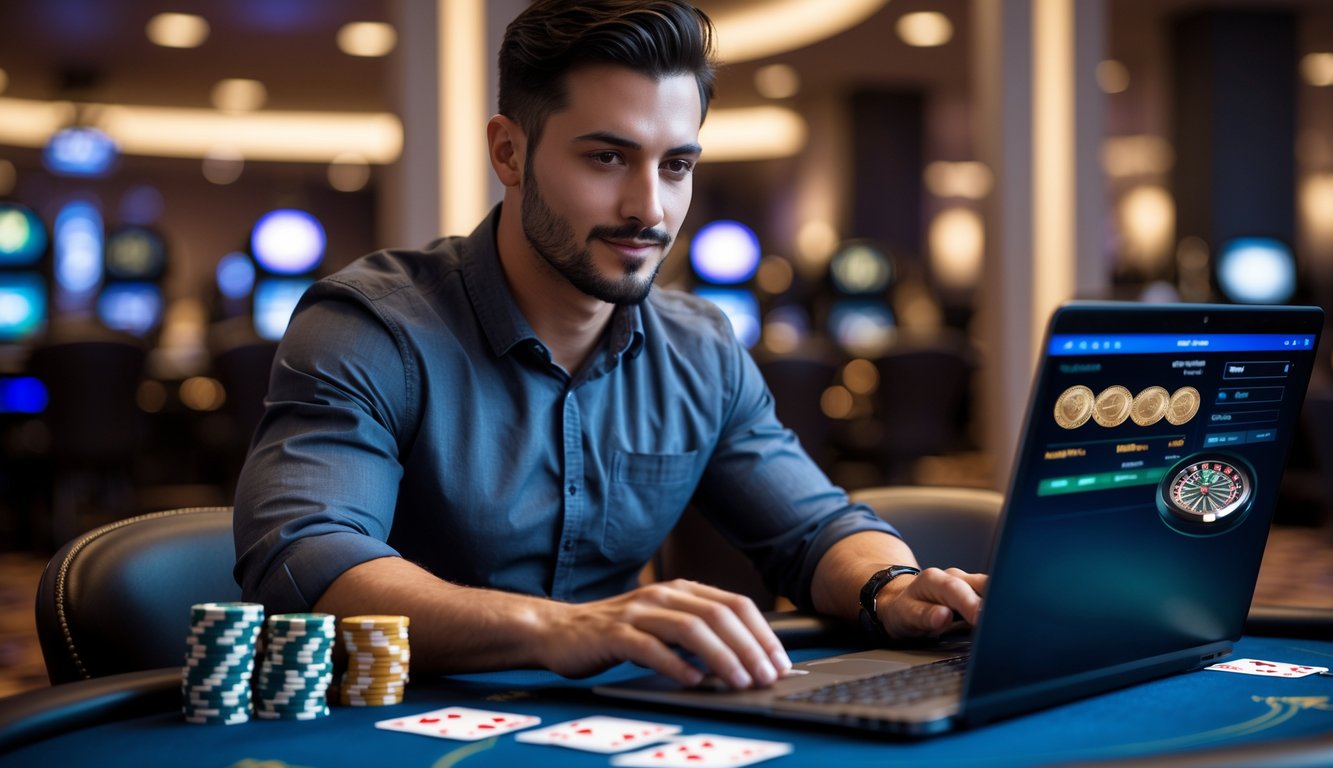 Seorang pria fokus bermain blackjack online menggunakan laptop di meja kasino dengan kartu dan chip poker.