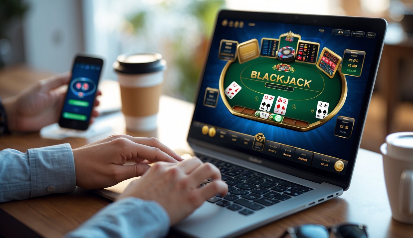 Seorang pemain menggunakan laptop untuk bermain blackjack online dengan antarmuka permainan terlihat jelas di layar.