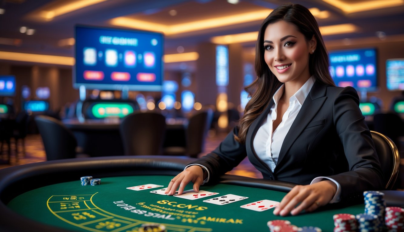 Seorang dealer wanita sedang membagikan kartu blackjack di meja kasino dengan chip dan kartu terlihat jelas.