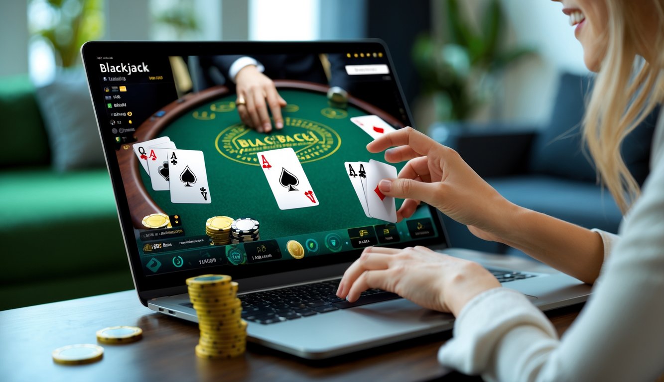 Seseorang bermain blackjack online di laptop dengan kartu dan chip terlihat jelas di layar.