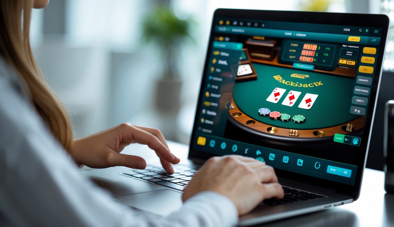 Seseorang sedang bermain blackjack online di depan komputer dengan kartu dan chip terlihat di layar.