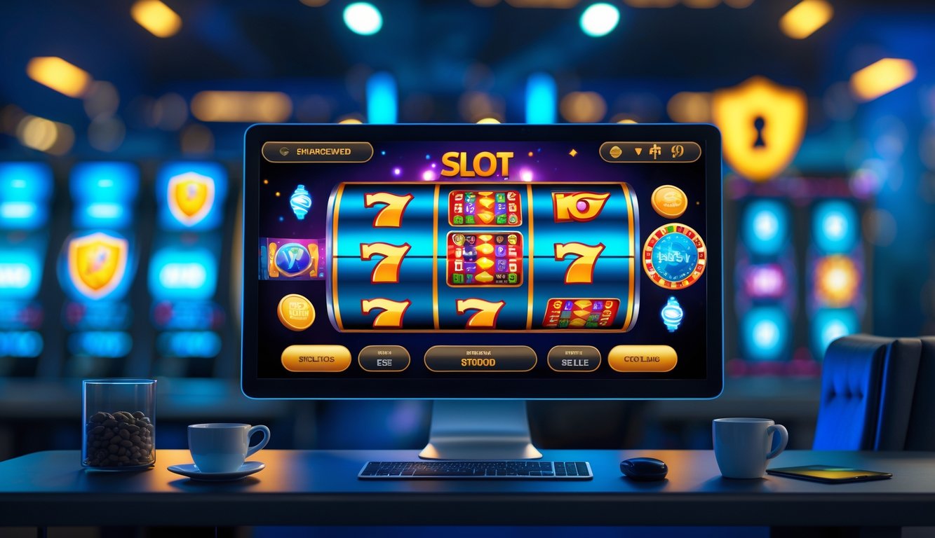 Seorang pria duduk di depan komputer dengan layar menampilkan permainan slot online yang berwarna-warni di ruang kerja modern.