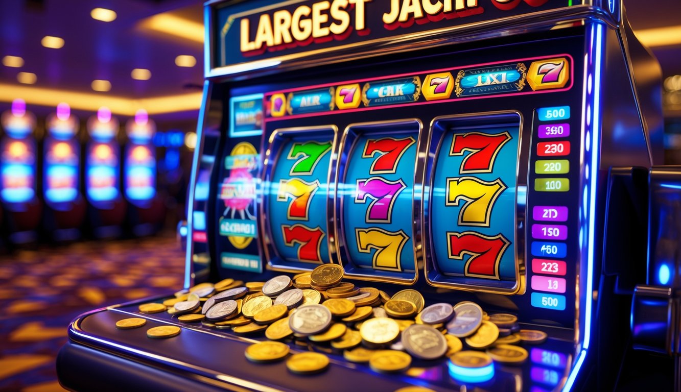 Mesin slot berwarna cerah di kasino dengan koin dan token yang tumpah sebagai simbol jackpot terbesar.