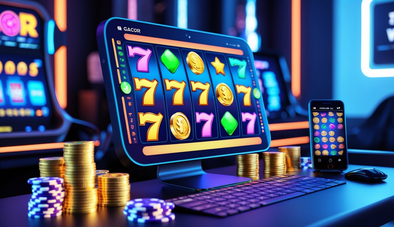 Sebuah komputer modern menampilkan permainan slot online dengan simbol berwarna cerah di layar, dikelilingi oleh chip kasino dan pencahayaan neon di ruangan permainan.