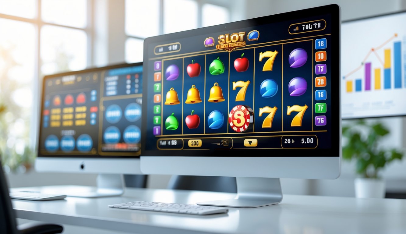 Tampilan komputer dengan permainan slot online berwarna-warni di layar dalam ruangan kantor yang terang dan rapi.