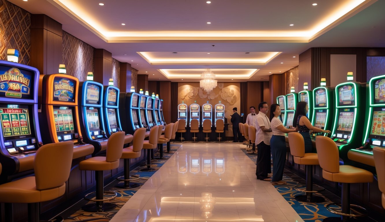 Area mesin slot yang modern dan elegan di dalam kasino dengan beberapa orang dewasa bermain mesin slot.