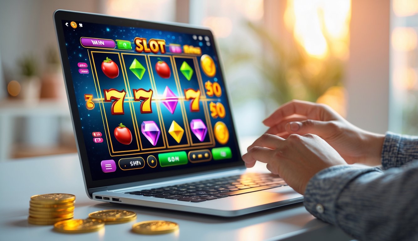 Seseorang menggunakan komputer dengan permainan slot online yang berwarna-warni di layar.