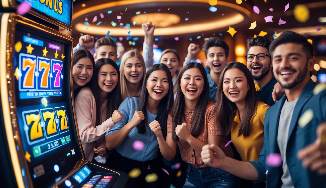 Sekelompok orang muda yang gembira berkumpul di sekitar mesin slot yang menyala dengan lampu warna-warni di dalam kasino.