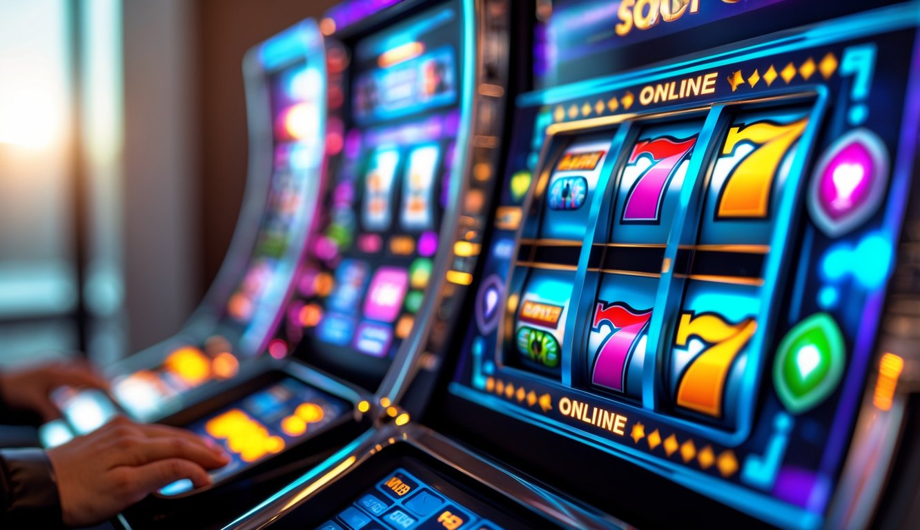 Layar perangkat digital menampilkan permainan slot online dengan ikon keamanan di latar belakang.