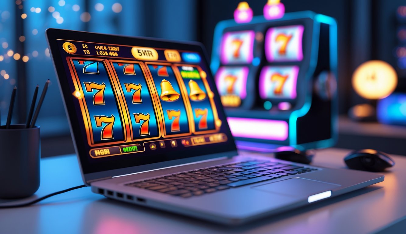 Seorang pemain duduk di depan komputer dengan layar menampilkan permainan slot online yang berwarna-warni.