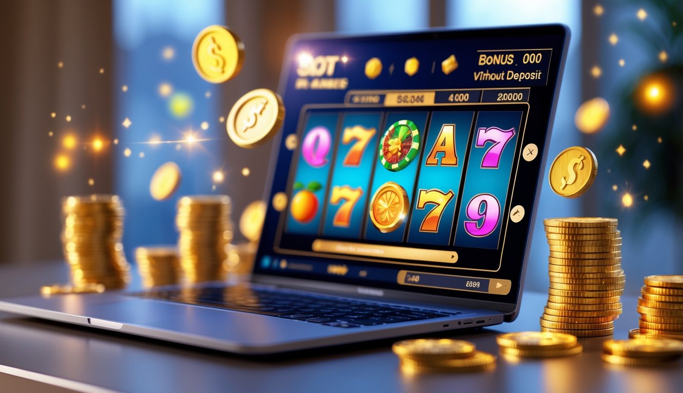 Seorang pria menggunakan laptop dengan permainan slot online berwarna-warni di layar, dikelilingi oleh koin dan ikon hadiah yang bersinar.