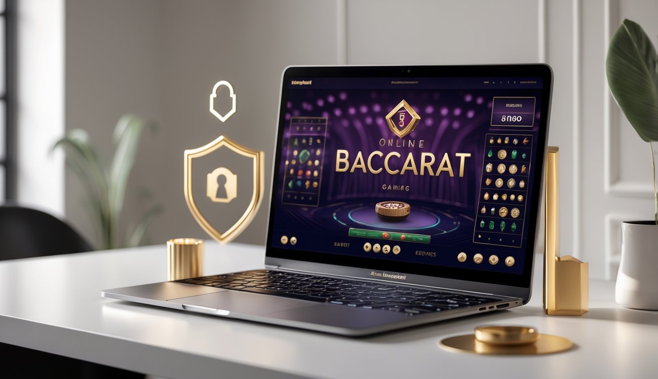 Sebuah meja kerja modern dengan komputer yang menampilkan permainan baccarat online, dikelilingi oleh suasana yang rapi dan terang.