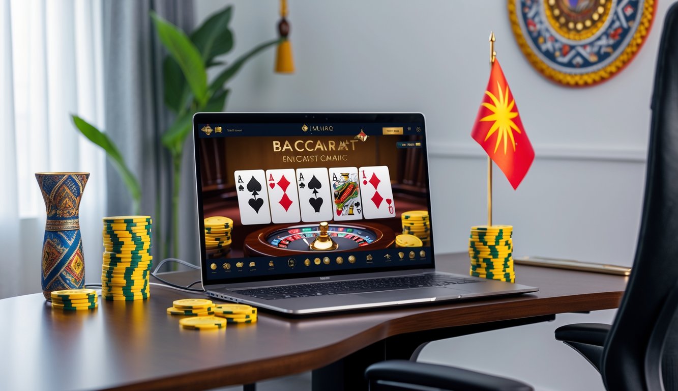 Sebuah meja dengan komputer yang menampilkan permainan baccarat online, dilengkapi dengan elemen dekorasi batik dan bendera kecil Indonesia di latar belakang.
