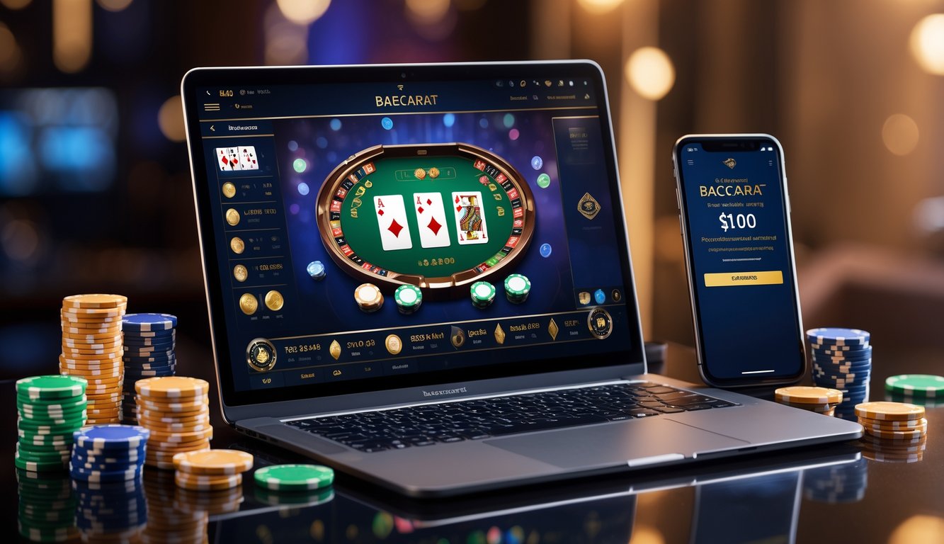 Sebuah laptop modern menampilkan permainan baccarat online dengan kartu dan chip kasino di sekitarnya.