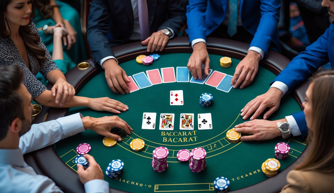 Beberapa pemain berjudi baccarat di meja hijau dengan kartu dan chip kasino, fokus pada permainan.