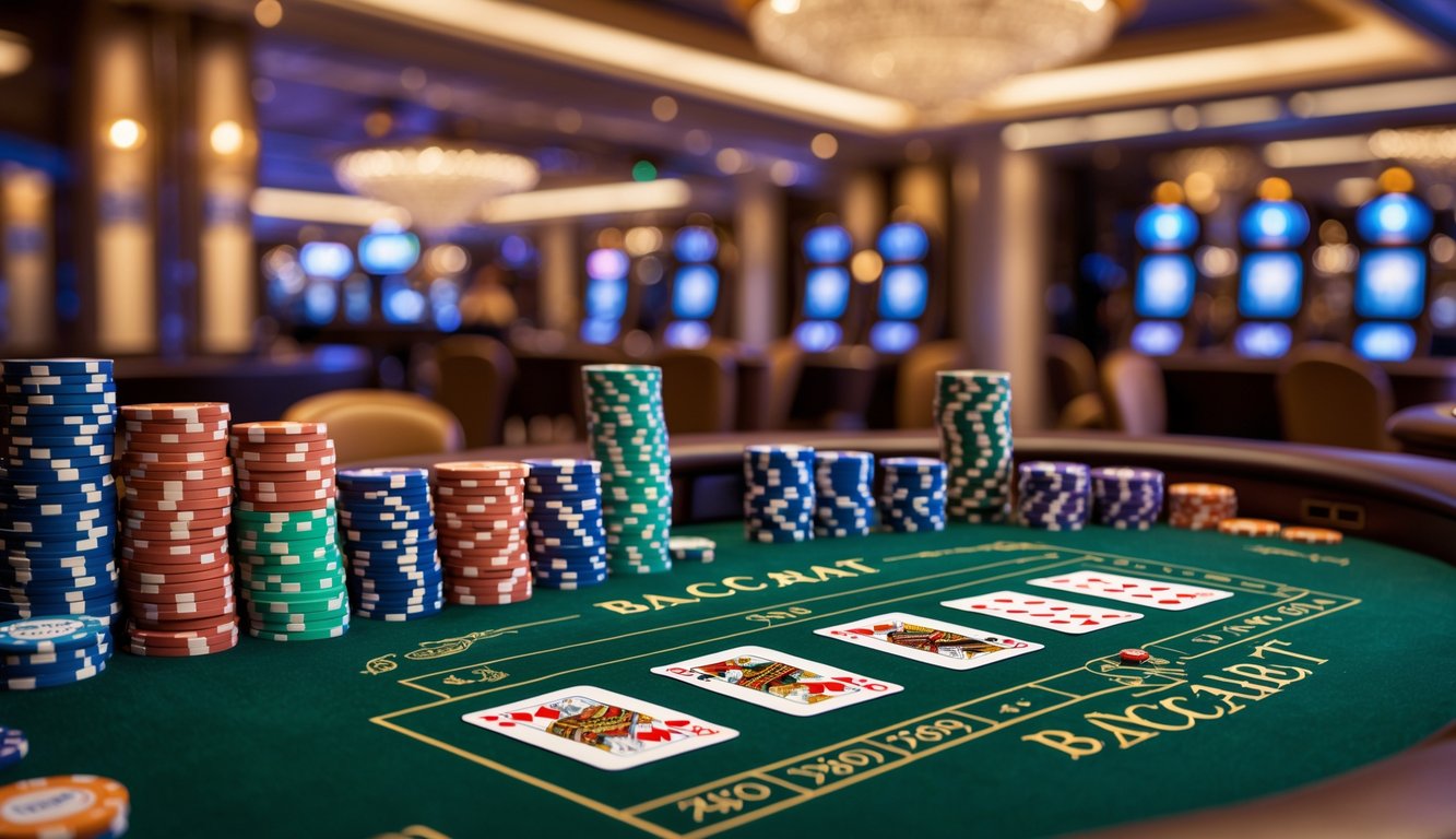Meja baccarat mewah dengan kartu dan tumpukan chip poker di kasino yang elegan.
