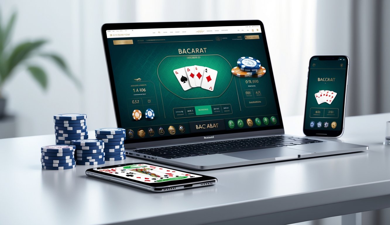 Seorang pemain sedang menggunakan laptop dan ponsel untuk bermain baccarat online dengan chip dan kartu di meja.