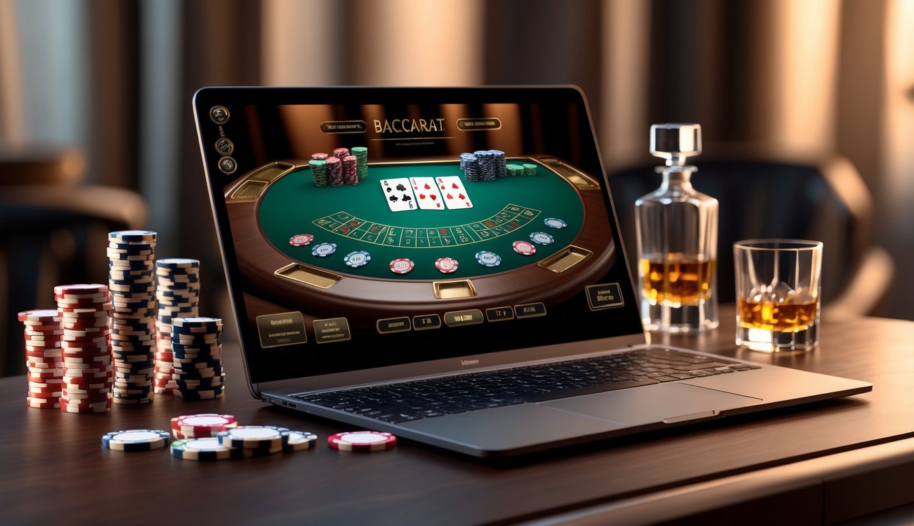 Sebuah meja baccarat online dengan laptop menampilkan kartu dan chip, dikelilingi oleh chip poker dan gelas minuman di atas meja kayu.