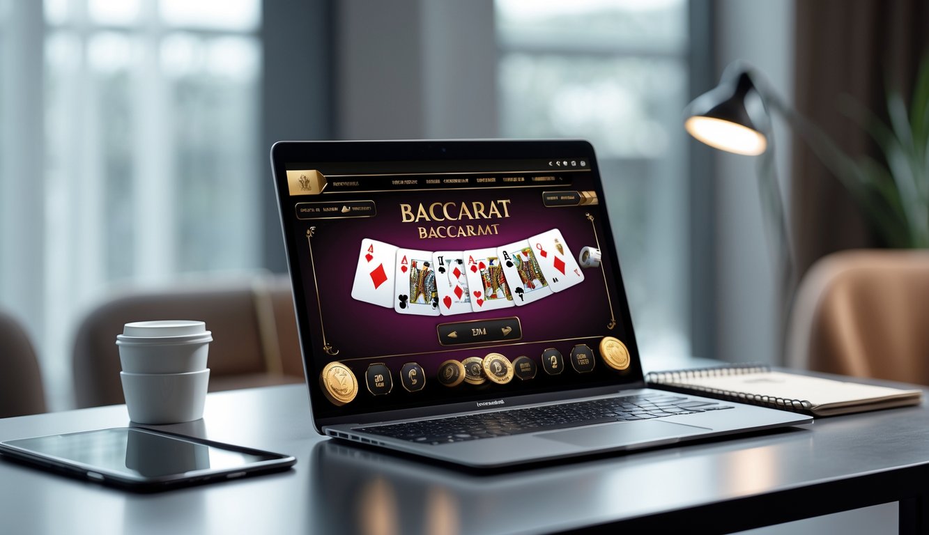 Sebuah meja kerja dengan komputer yang menampilkan permainan baccarat online, dikelilingi oleh aksesori seperti cangkir kopi dan ponsel.