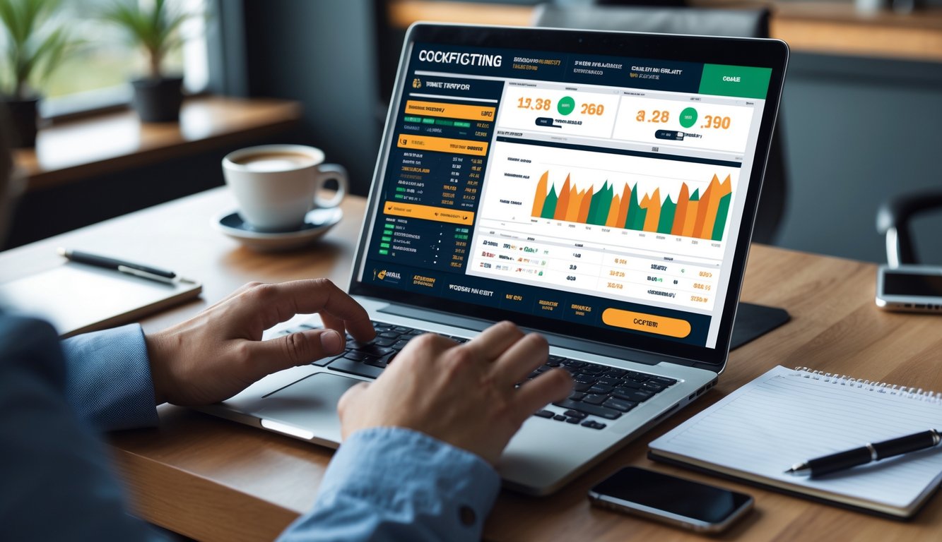 Seorang pria menggunakan laptop dengan tampilan platform taruhan sabung ayam online di meja kerja.