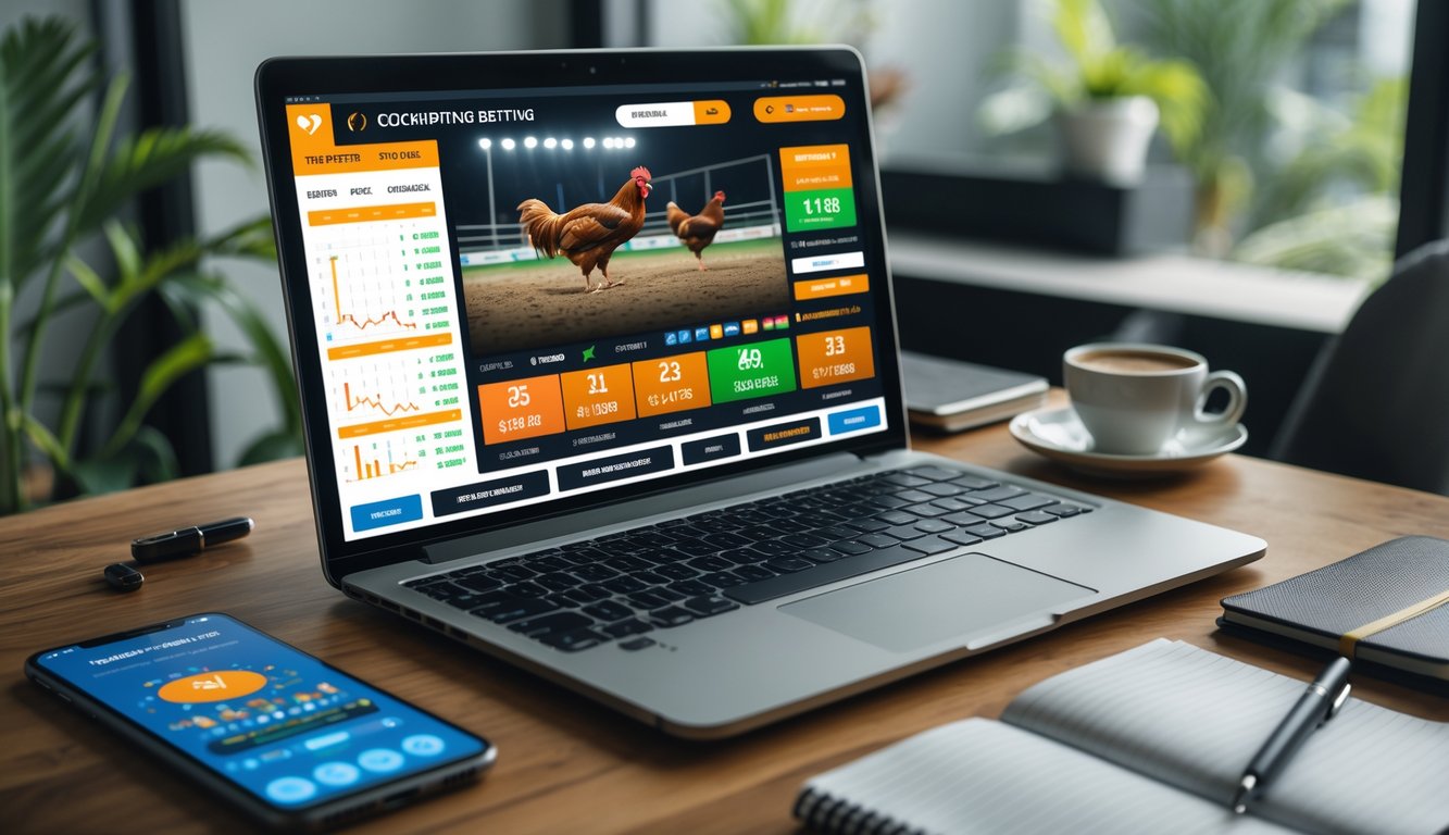 Seorang pria menggunakan laptop di meja kerja untuk memasang taruhan sabung ayam secara online dengan tampilan situs taruhan di layar.