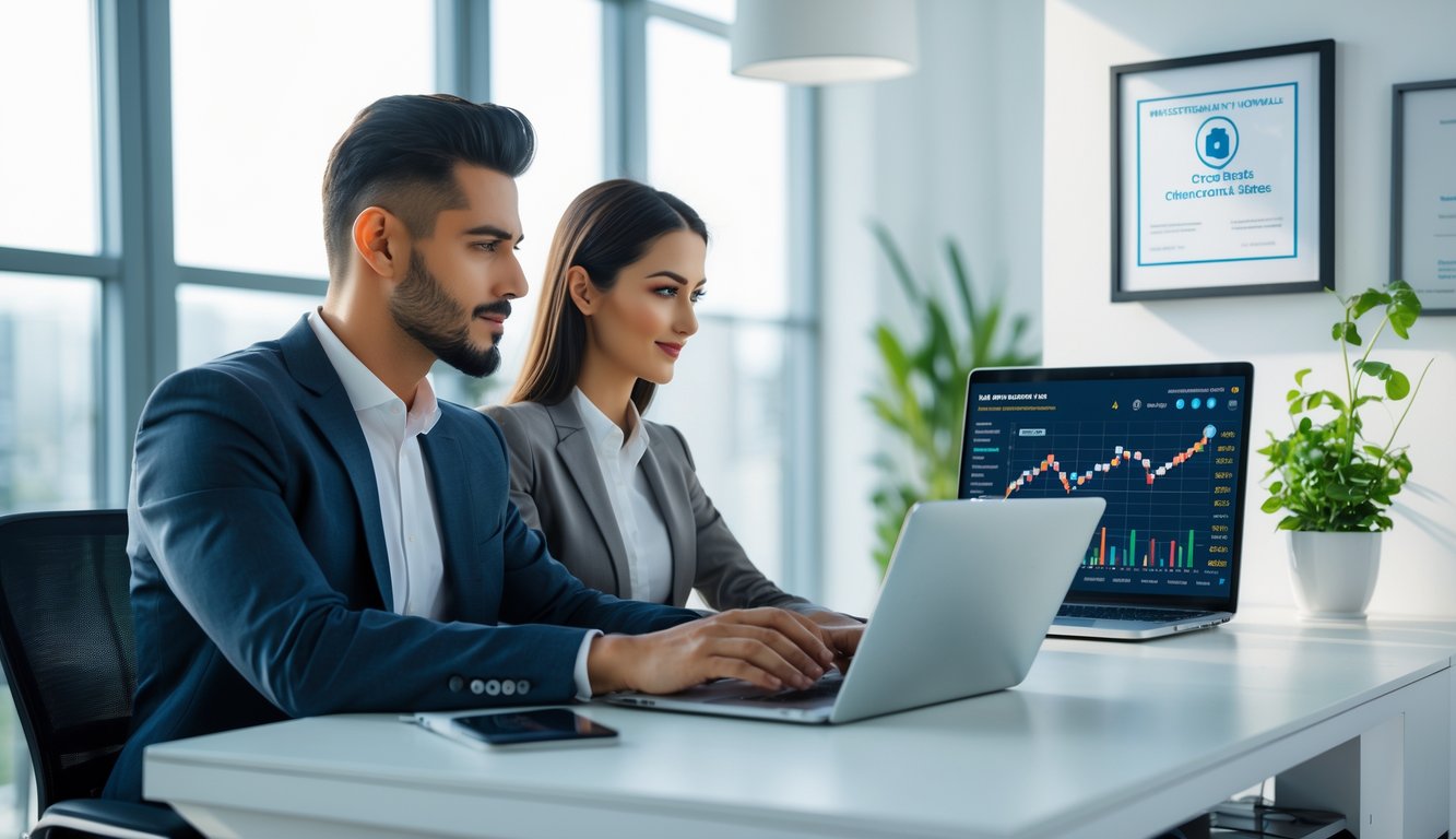 Seorang pria dan wanita duduk di meja kantor modern sambil melihat layar laptop dengan grafik dan data terkait taruhan online.