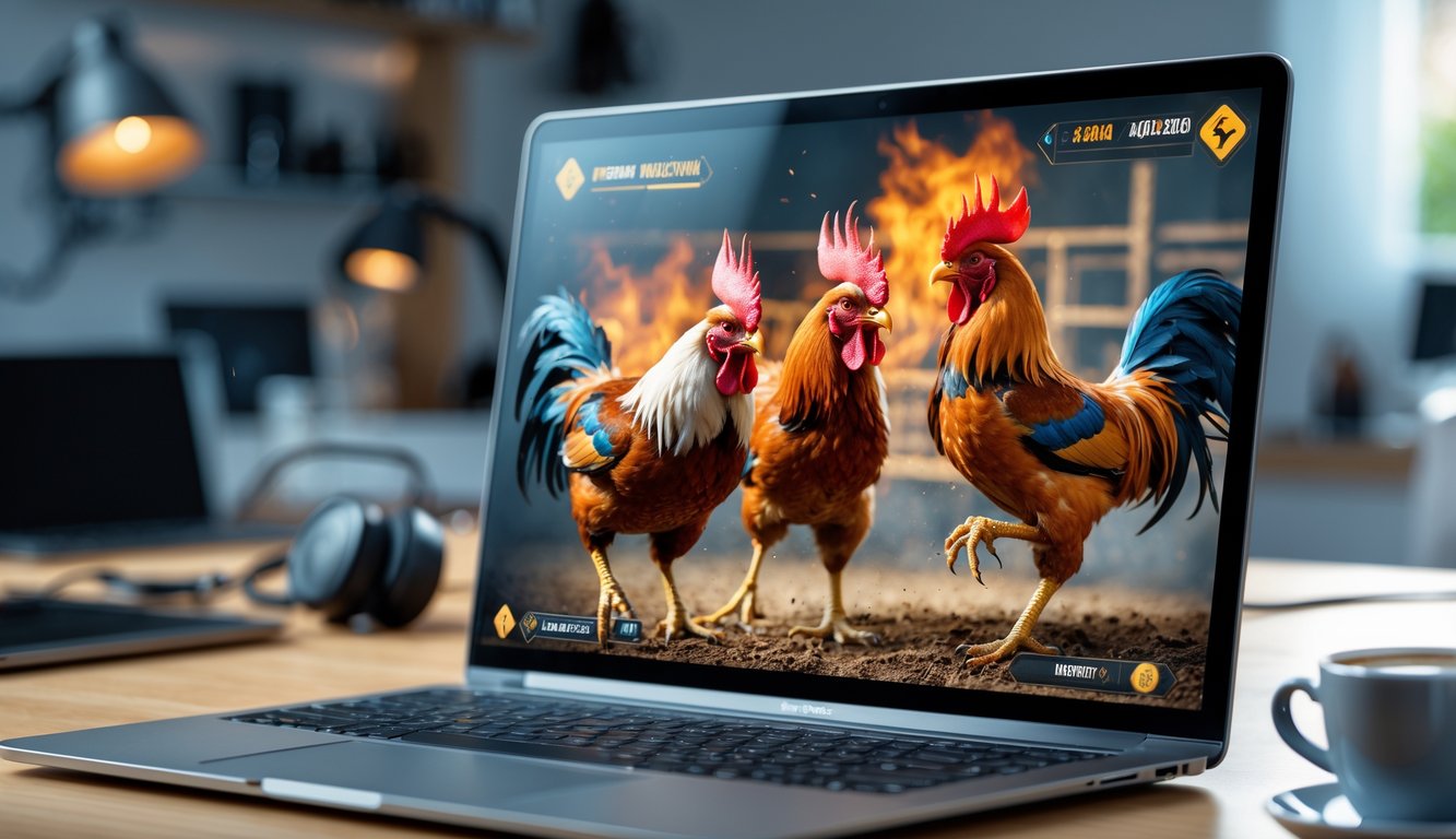 Seorang pemain sedang menggunakan perangkat digital untuk bermain sabung ayam online dengan gambar ayam aduan di layar.