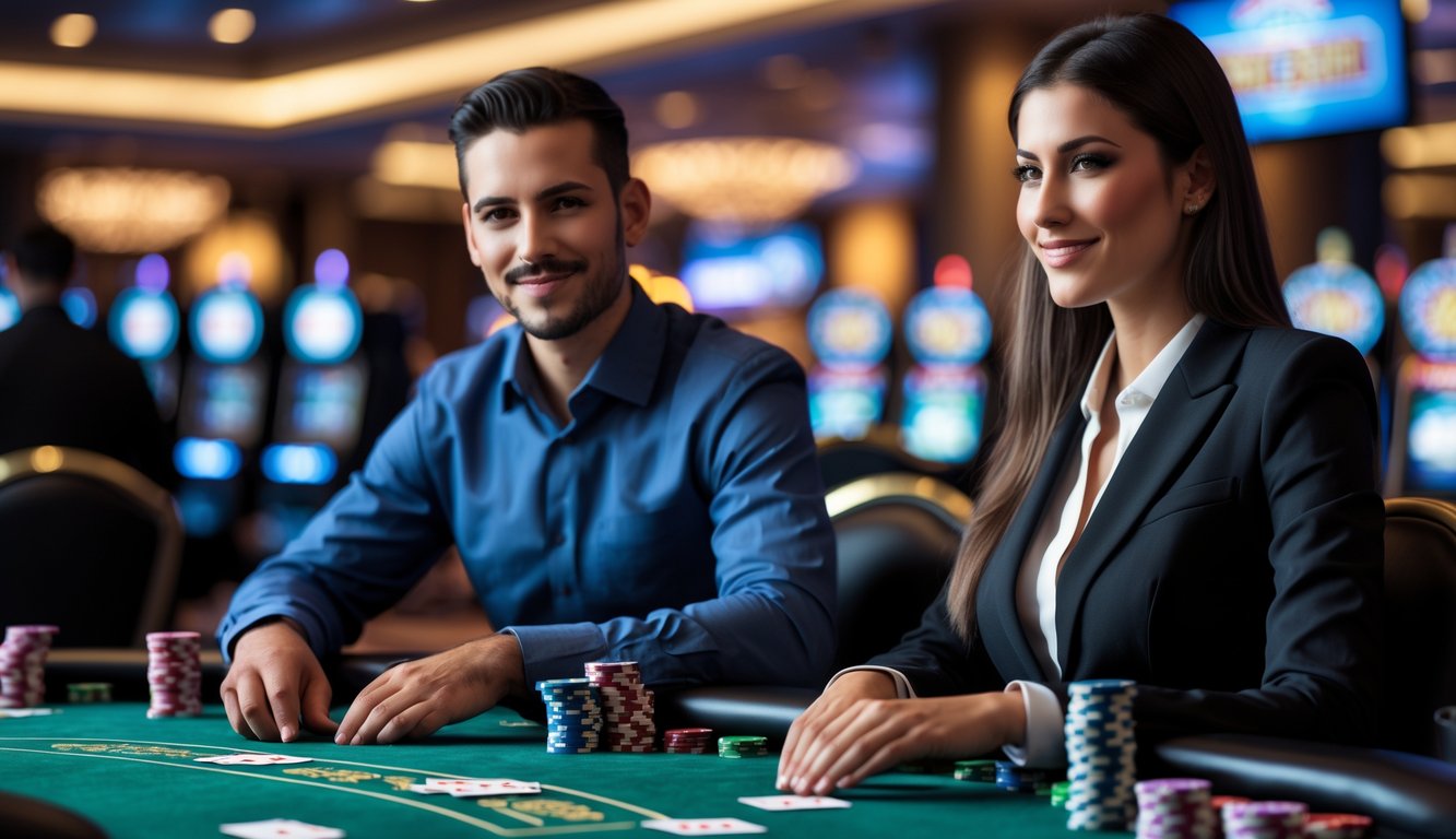 Seorang pria dan wanita duduk di meja poker dengan chip dan kartu, tampak fokus dan percaya diri di dalam kasino modern.