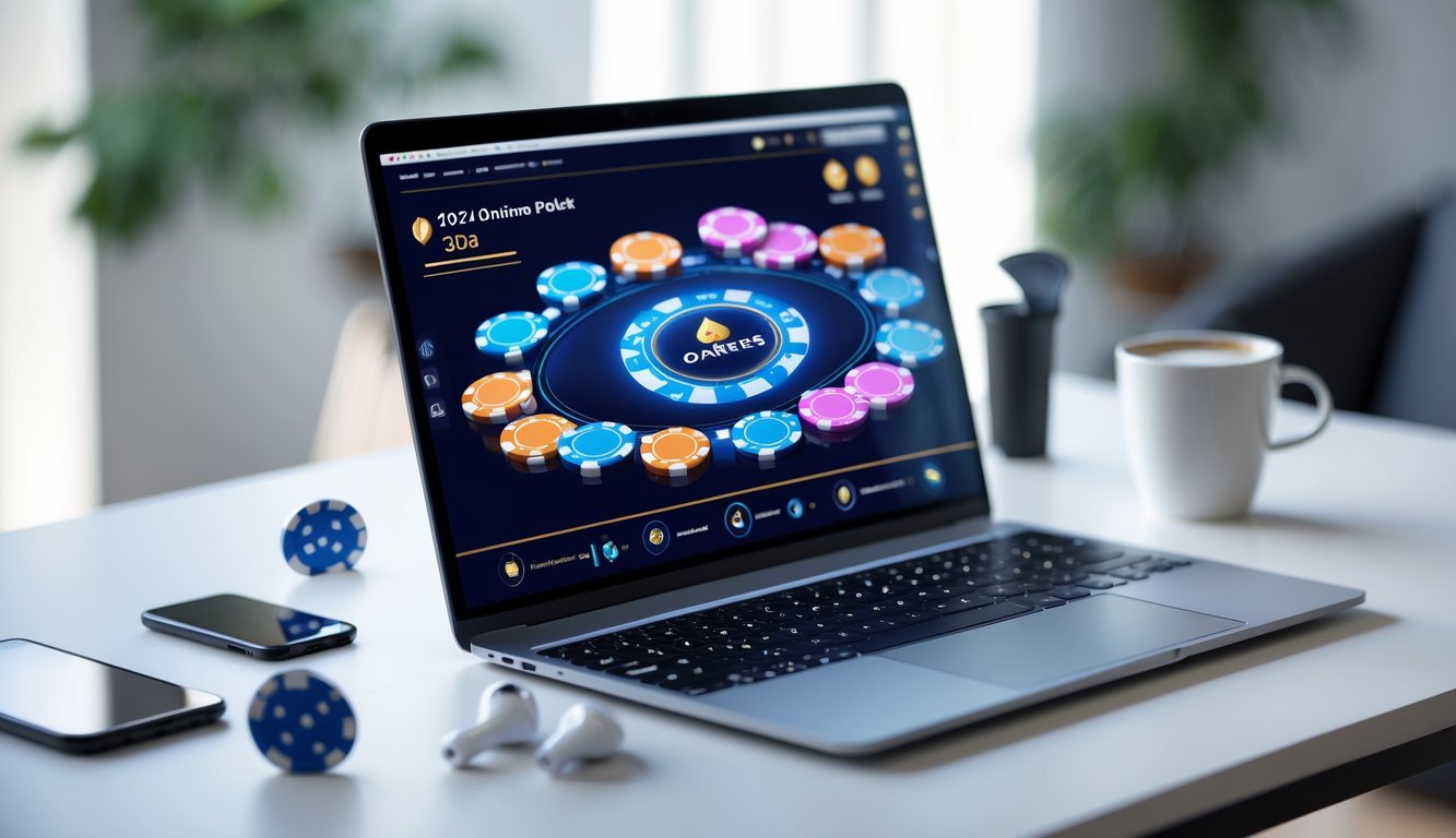 Seorang pemain menggunakan laptop dengan tampilan permainan poker online yang cerah dan berwarna-warni di meja kerja yang rapi.