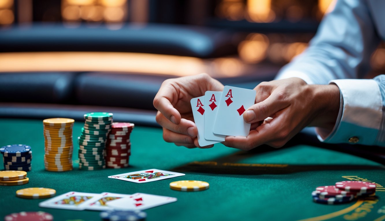 Meja poker dengan tumpukan chip warna-warni dan kartu yang dipegang oleh seseorang di lingkungan kasino yang elegan.