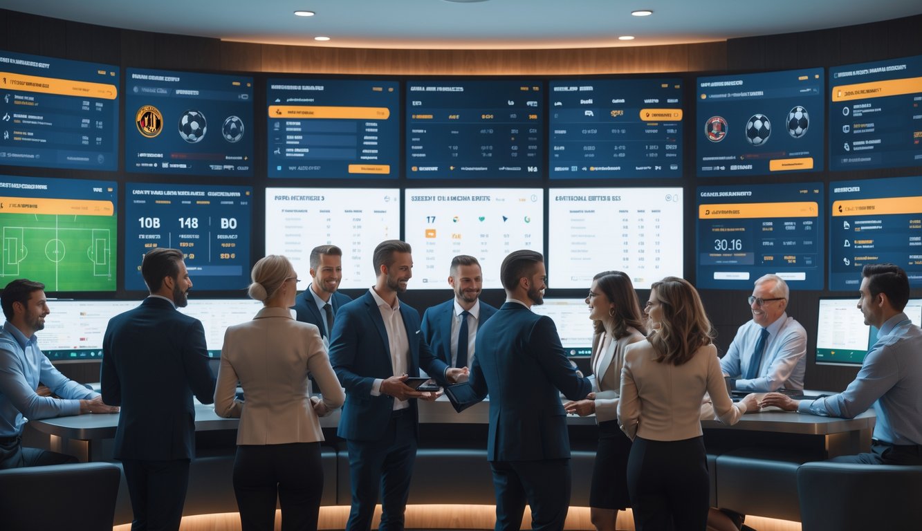 Sekelompok orang dewasa sedang melihat layar besar yang menampilkan statistik dan skor pertandingan sepak bola dalam sebuah ruangan modern.
