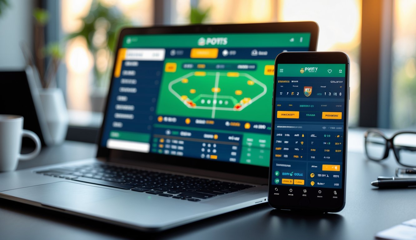 Seseorang menggunakan laptop dan ponsel untuk bertaruh olahraga online di meja kerja dengan alat tulis dan cangkir kopi.